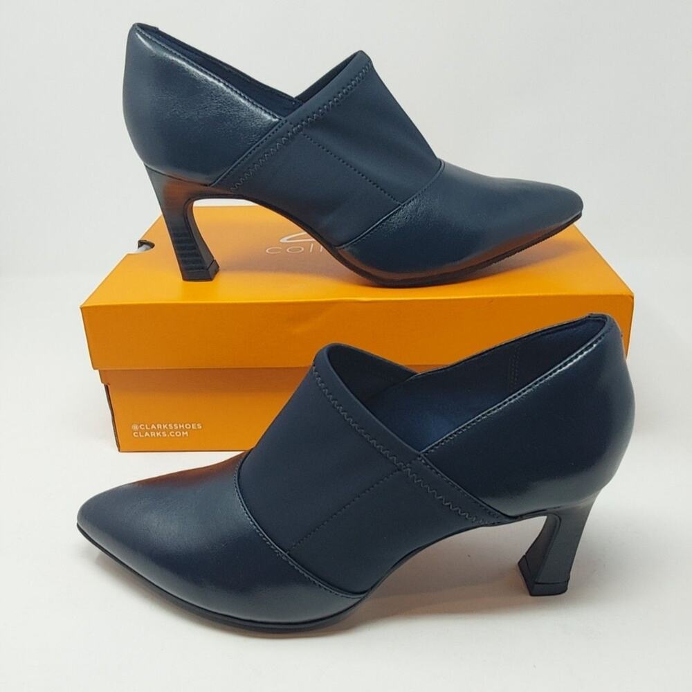 Clarks Shoes Womens 8 W Navy Blue Tammitha Sleek Cone Heel Pumps Pointed Toe